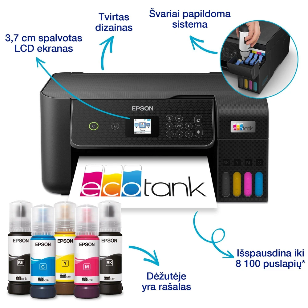 Daugiafunkcis rašalinis spausdintuvas Epson EcoTank L3280, A4, spalvotas, Wi-Fi, Wi-Fi Direct, AirPrint, LCD ekranas, juodas | C11CJ66426