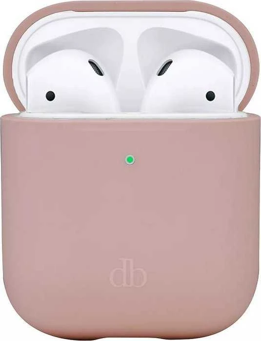 Rožinis AirPods dėklas dbramante su įdėtomis ausinėmis