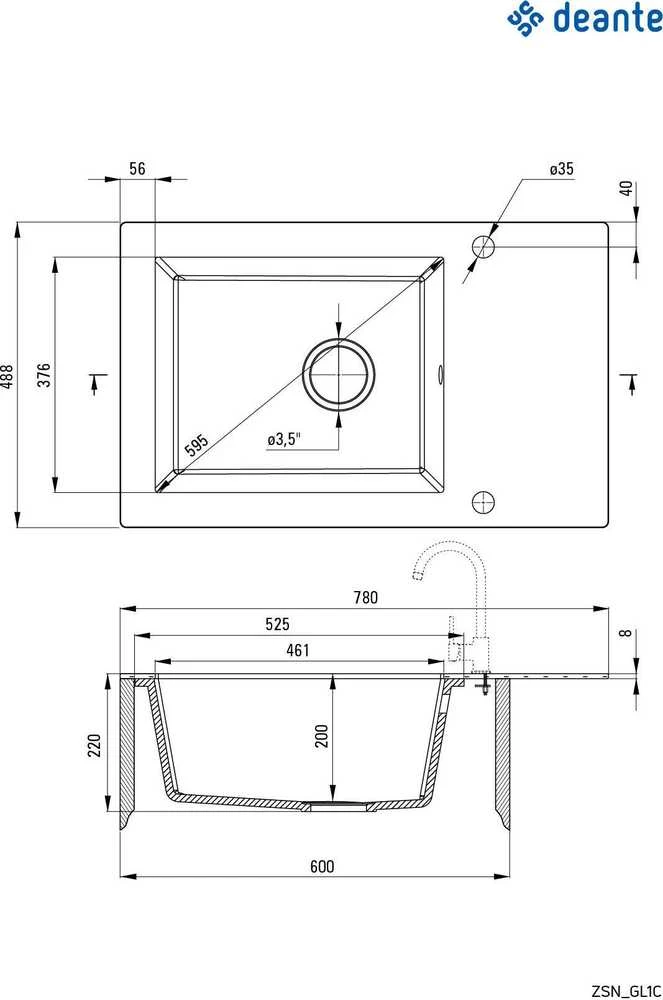 Stiklo-granito plautuvė Deante Andante Glass, ZSN_GL1C, Grafika/Metalinis grafitas