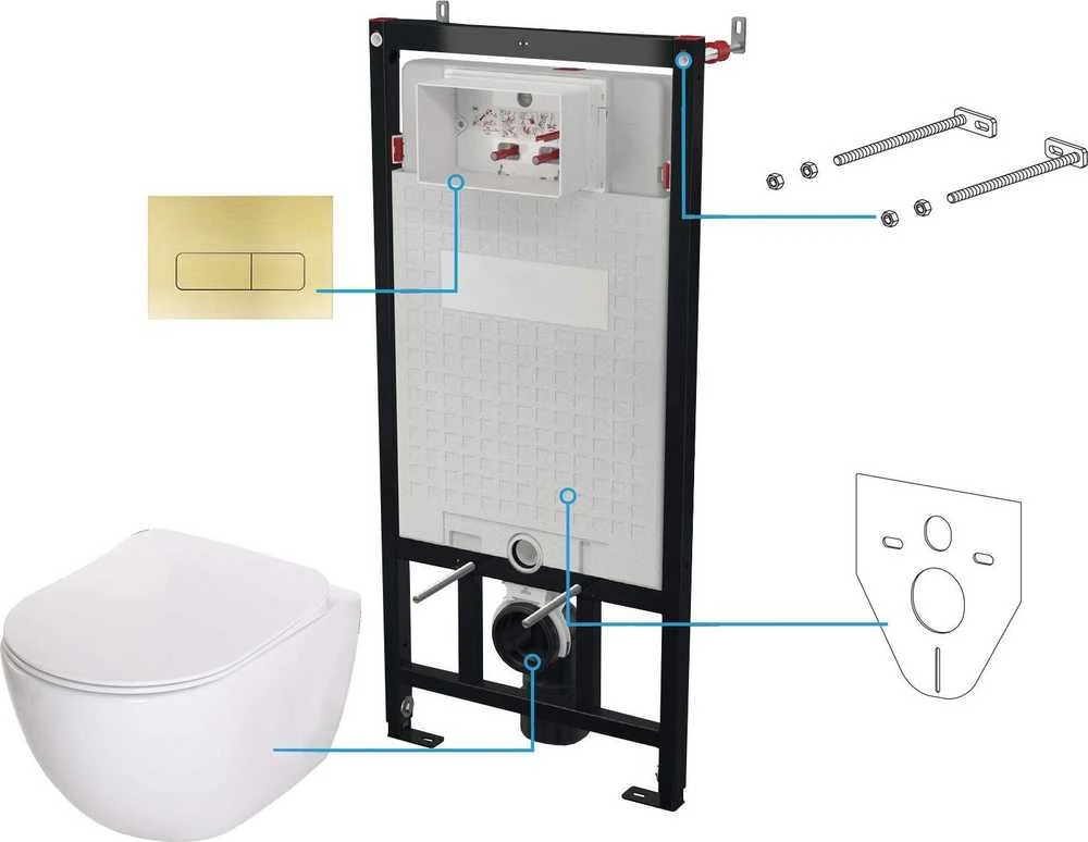 Potinkinis WC komplektas Deante Peonia 6in1, CDER6ZPW, Baltas/Brushed auksinis