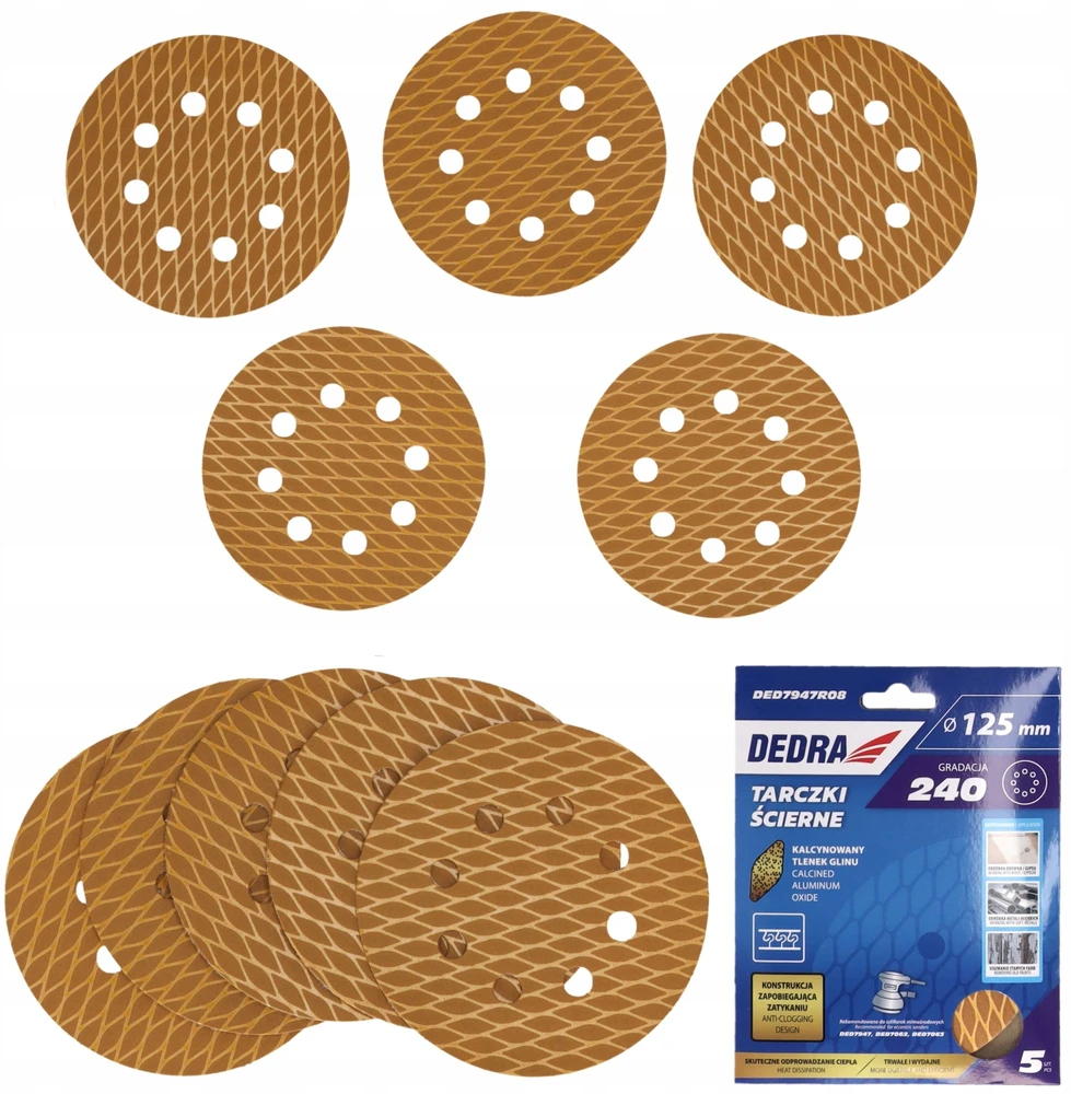 Dedra Tarczki Šlifavimo diskai be užsikimšimo, 125 mm, #240, su lipnia juosta, 5 vnt. rinkinys