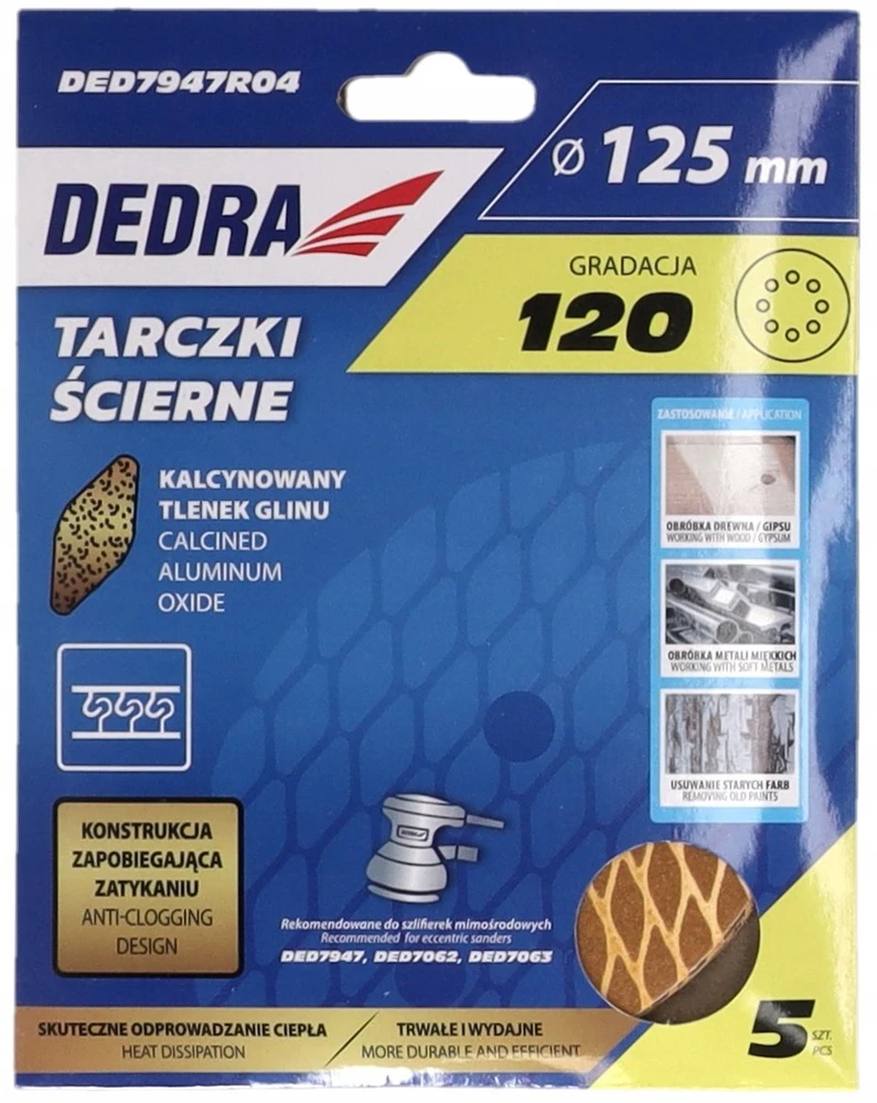 Dedra Tarczki Šlifavimo diskai be užsikimšimo, 125 mm, #120, su lipnia juosta, 5 vnt. rinkinys
