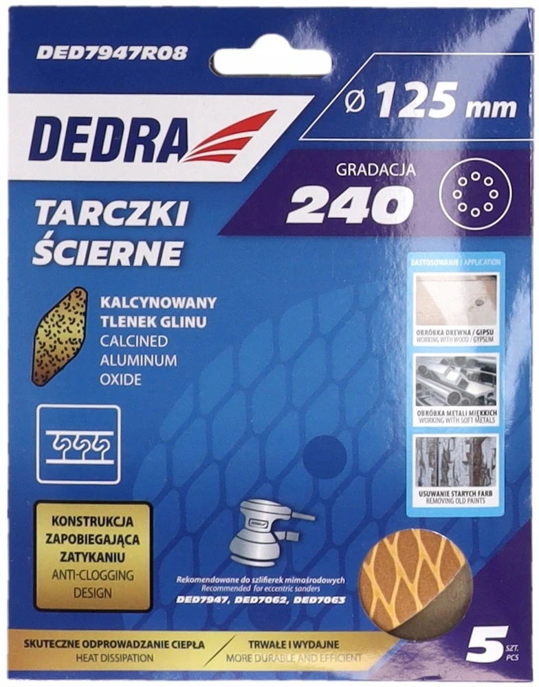 Dedra Tarczki Šlifavimo diskai be užsikimšimo, 125 mm, #240, su lipnia juosta, 5 vnt. rinkinys