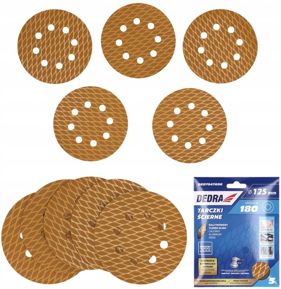 Dedra Tarczki Šlifavimo diskai be užsikimšimo, 125 mm, #180, su lipnia juosta, 5 vnt. rinkinys