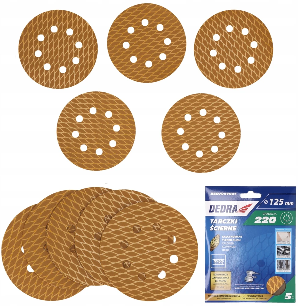 Dedra Tarczki Šlifavimo diskai be užsikimšimo, 125 mm, #220, su lipnia juosta, 5 vnt. rinkinys