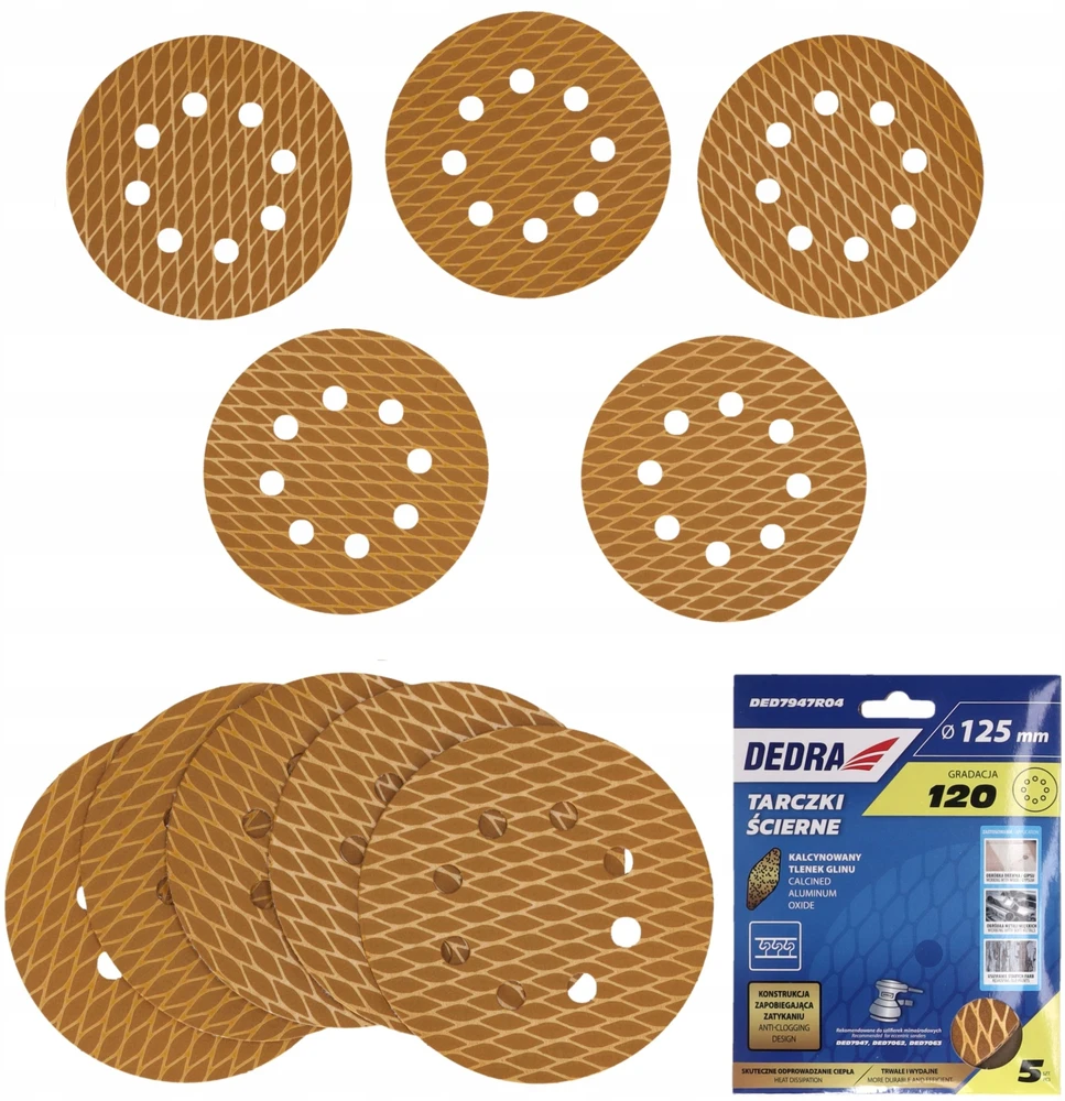 Dedra Tarczki Šlifavimo diskai be užsikimšimo, 125 mm, #120, su lipnia juosta, 5 vnt. rinkinys