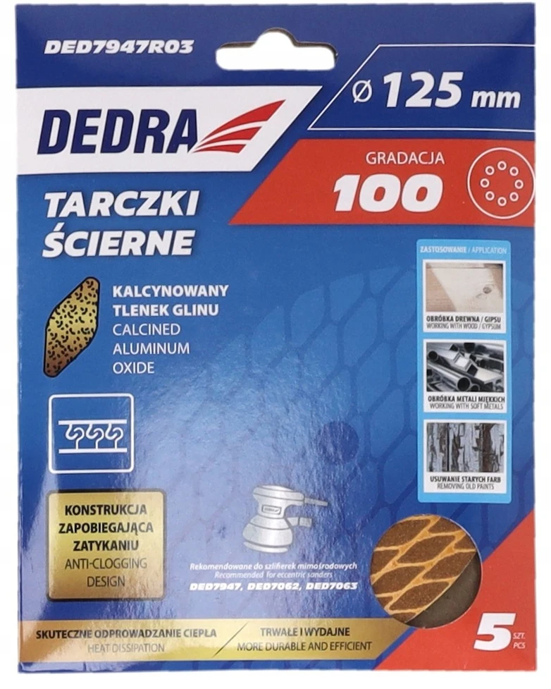 Dedra Tarczki Šlifavimo diskai be užsikimšimo, 125 mm, #100, su lipnia juosta, 5 vnt. rinkinys