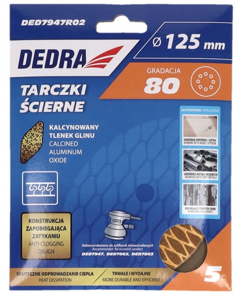 Dedra Tarczki Šlifavimo diskai be užsikimšimo, 125 mm, #80, su lipnia juosta, 5 vnt. rinkinys