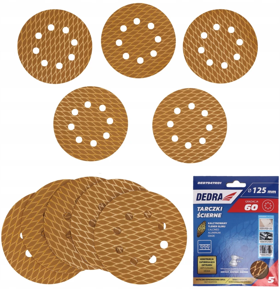 Dedra Tarczki Šlifavimo diskai be užsikimšimo, 125 mm, #60, su lipnia juosta, 5 vnt. rinkinys