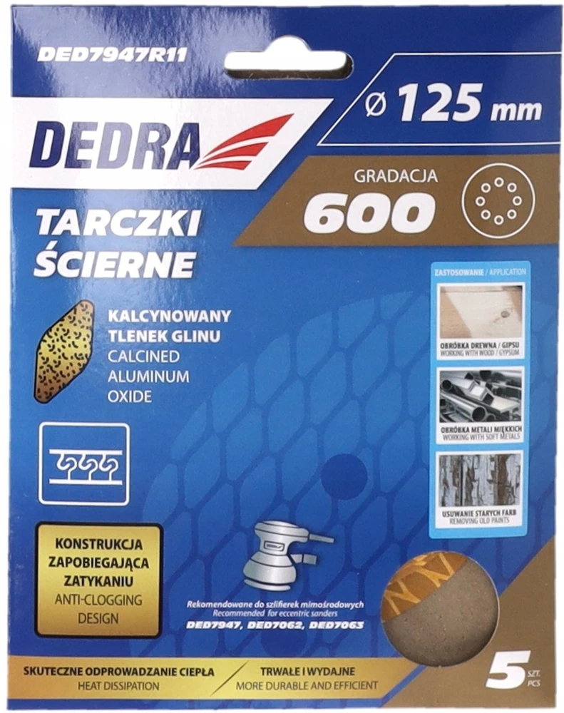 Dedra Tarczki Šlifavimo diskai be užsikimšimo, 125 mm, #600, su lipnia juosta, 5 vnt. rinkinys
