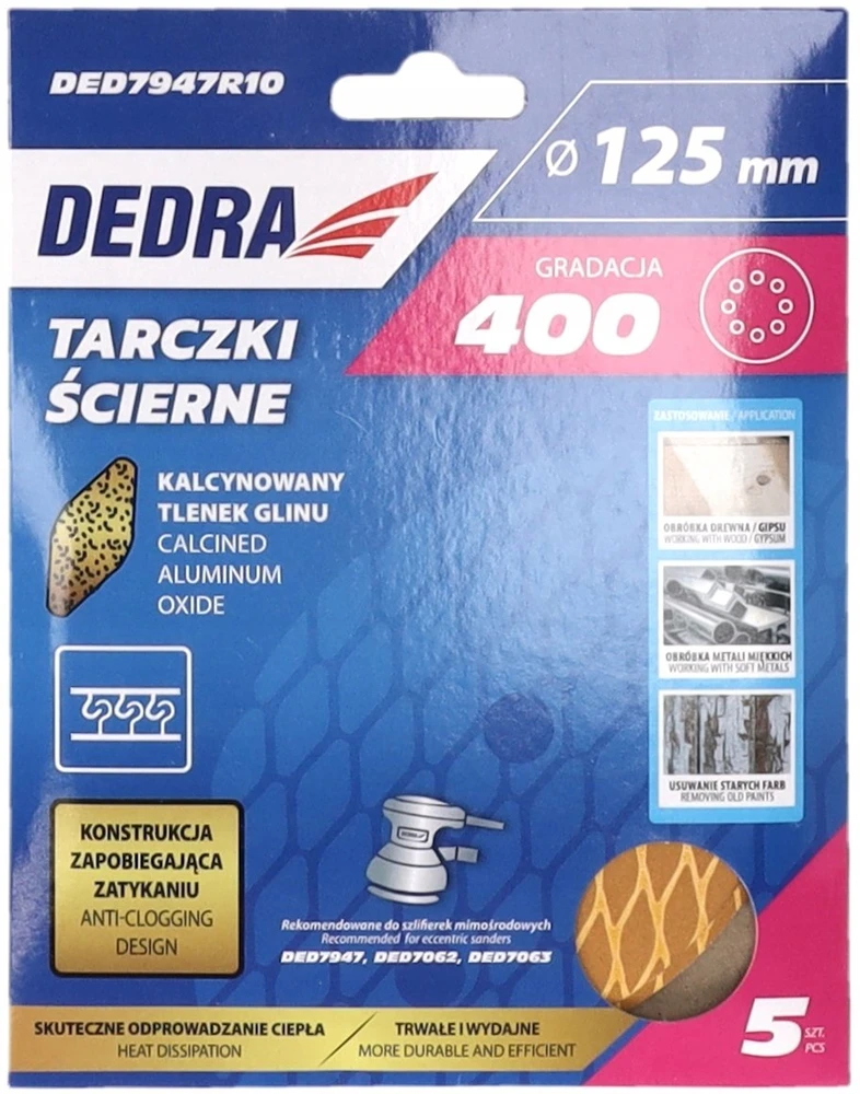 Dedra Tarczki Šlifavimo diskai be užsikimšimo, 125 mm, #400, su lipnia juosta, 5 vnt. rinkinys