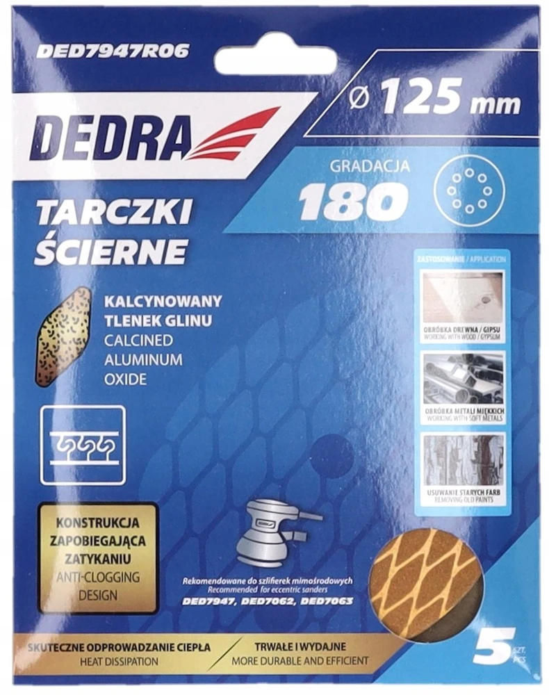 Dedra Tarczki Šlifavimo diskai be užsikimšimo, 125 mm, #180, su lipnia juosta, 5 vnt. rinkinys