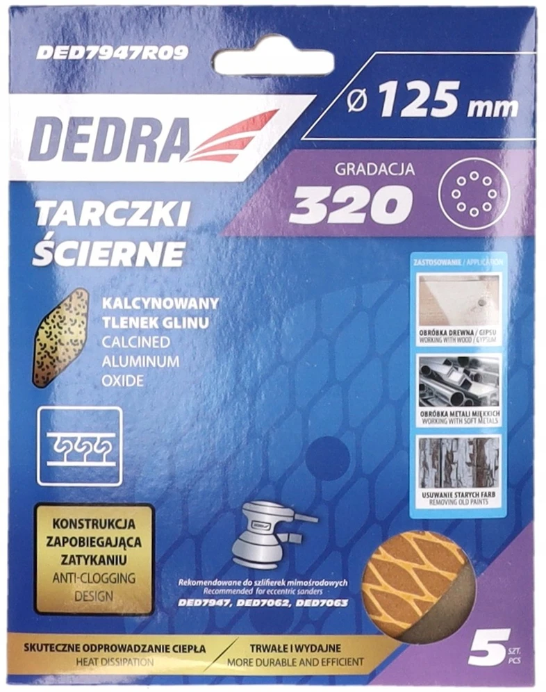 Dedra Tarczki Šlifavimo diskai be užsikimšimo, 125 mm, #320, su lipnia juosta, 5 vnt. rinkinys