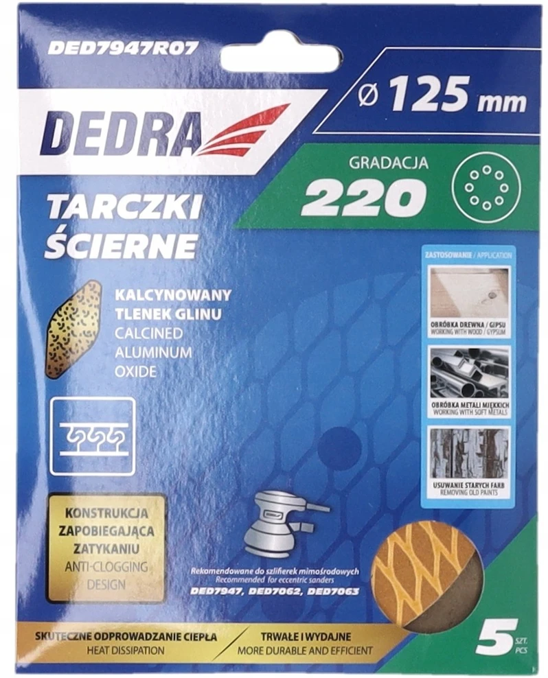 Dedra Tarczki Šlifavimo diskai be užsikimšimo, 125 mm, #220, su lipnia juosta, 5 vnt. rinkinys