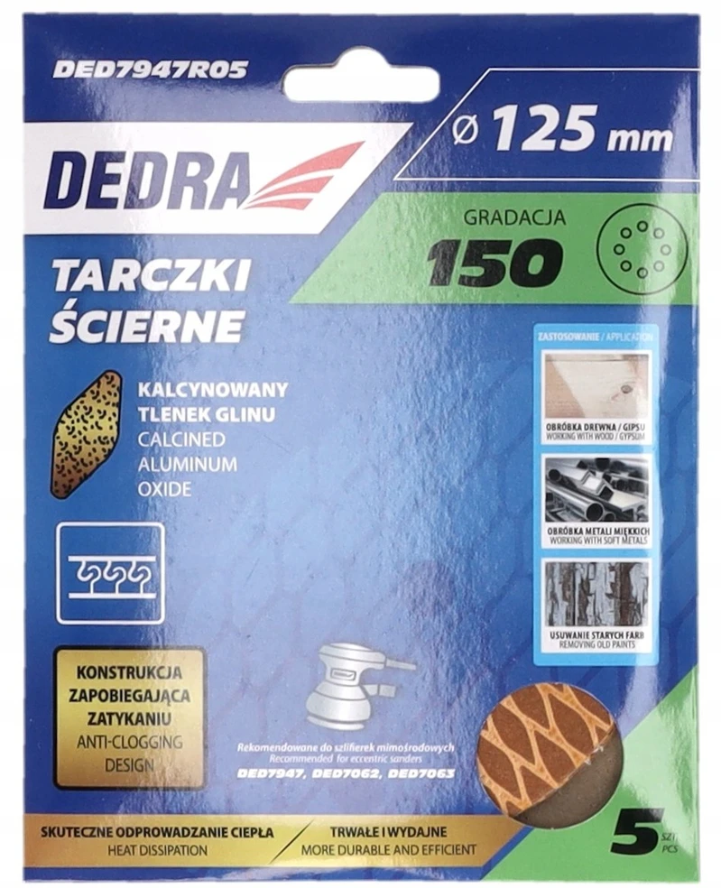Dedra Tarczki Šlifavimo diskai be užsikimšimo, 125 mm, #150, su lipnia juosta, 5 vnt. rinkinys