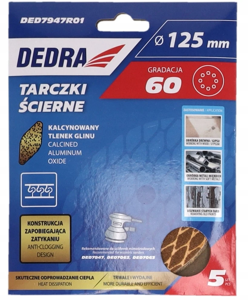 Dedra Tarczki Šlifavimo diskai be užsikimšimo, 125 mm, #60, su lipnia juosta, 5 vnt. rinkinys