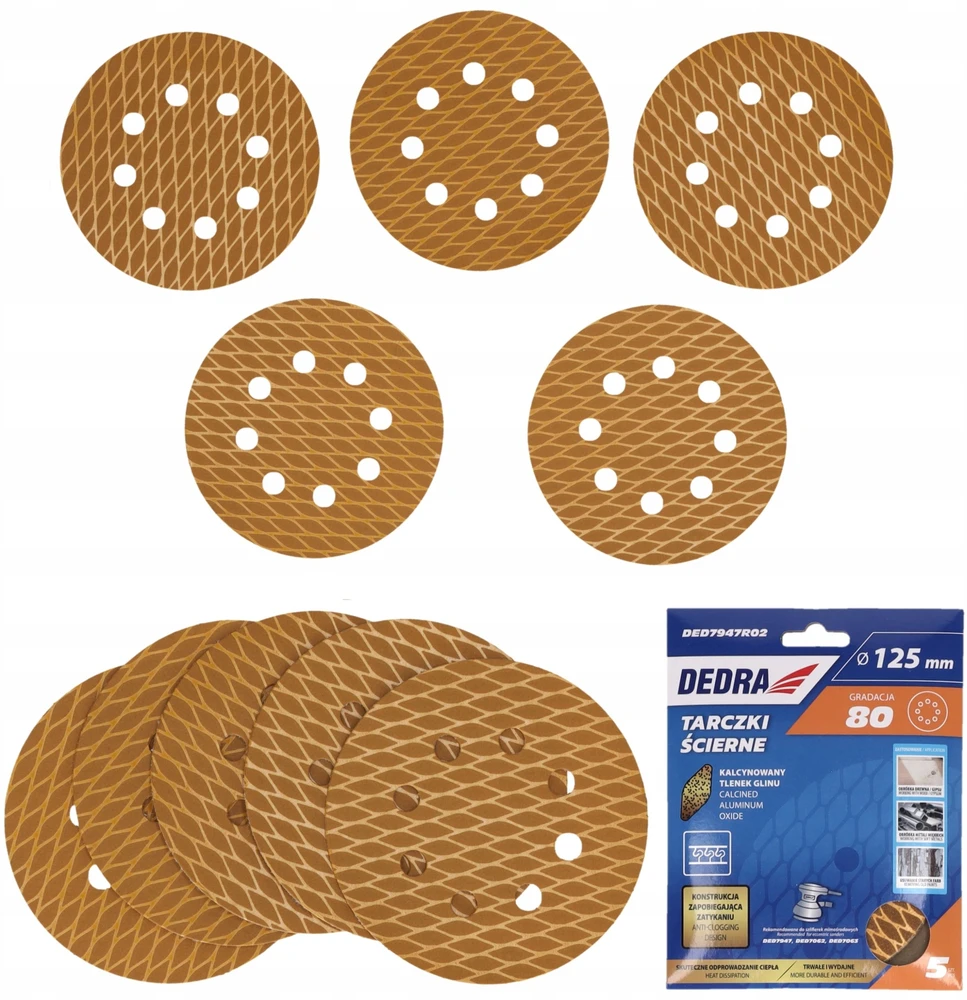 Dedra Tarczki Šlifavimo diskai be užsikimšimo, 125 mm, #80, su lipnia juosta, 5 vnt. rinkinys