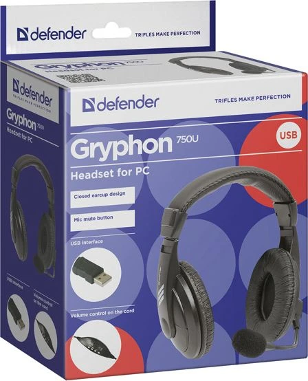 Kompiuterinės ausinės su mikrofonu Defender Gryphon 750U, USB jungtis, Juodos