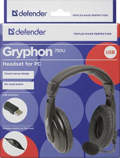 Kompiuterinės ausinės su mikrofonu Defender Gryphon 750U, USB jungtis, Juodos