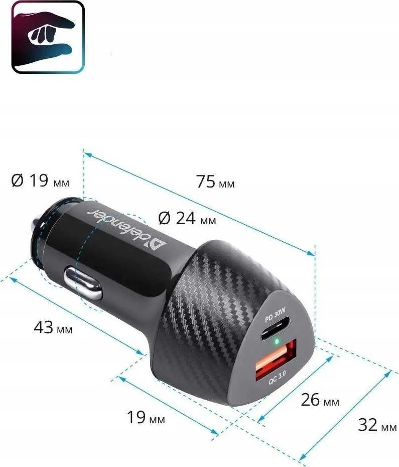 Įkroviklis Defender Įkroviklis samochodowa UCA-92 USBx1 USB-Cx1 QC, PD power delivery