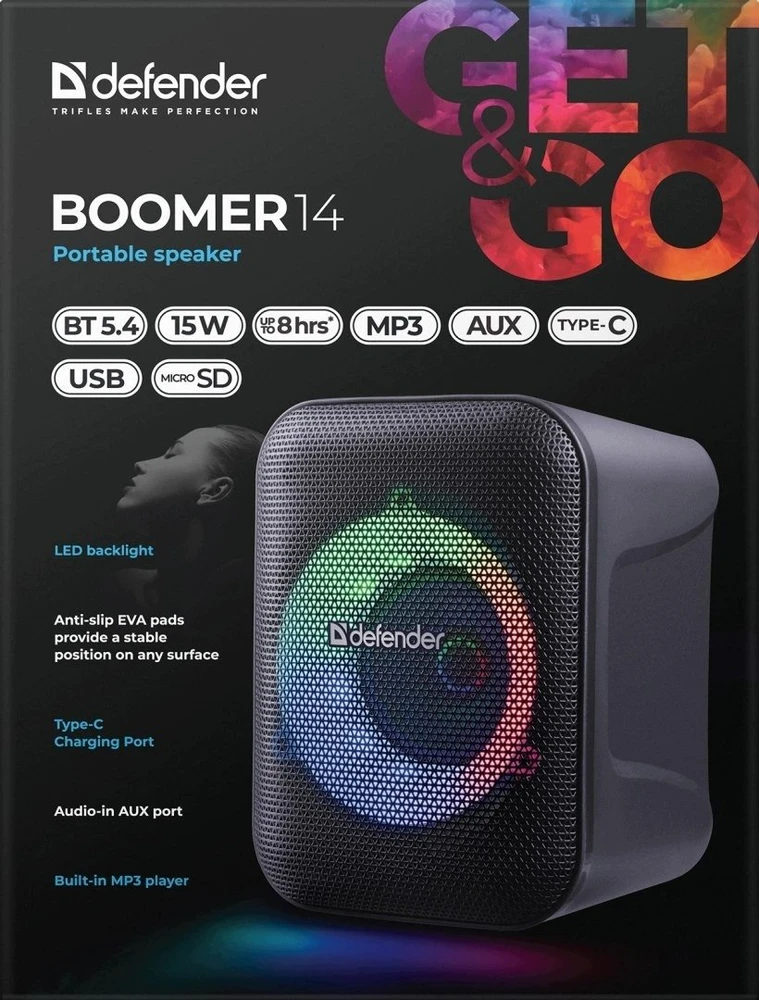 Defender Nešiojama kolonėlė BOOMER 14 Bluetooth 15W MP3/USB/AUX/LED juoda