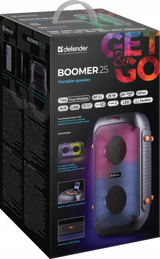 Defender Nešiojama kolonėlė BOOMER 25 Bluetooth 25W MP3/FM/SD/USB/AUX/TWS/LCD/RGB/MIC equalizer pilot mikrofon KARAOKE juoda