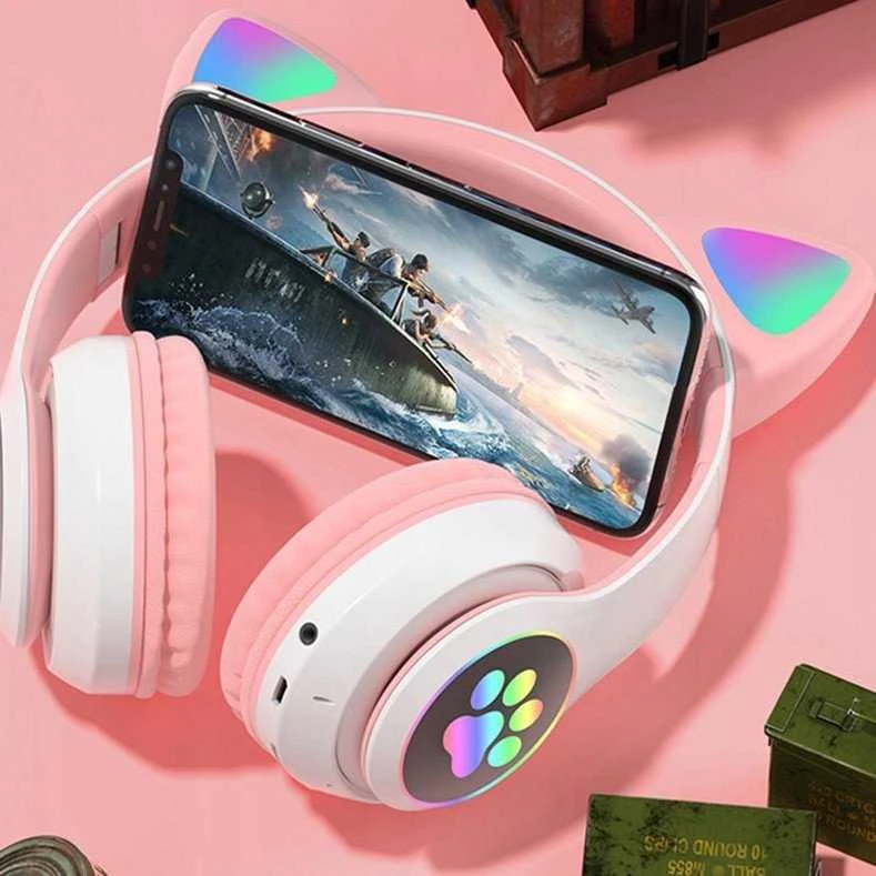 Rožinės RGB ausinės su telefono laikikliu