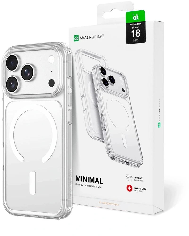 AmazingThing Minimal Mag nuo kritimo apsaugantis dėklas su 3 lęšių išpjova iPhone 18 Pro su virvelės laikikliu, suderinamas su MagSafe – permatomas