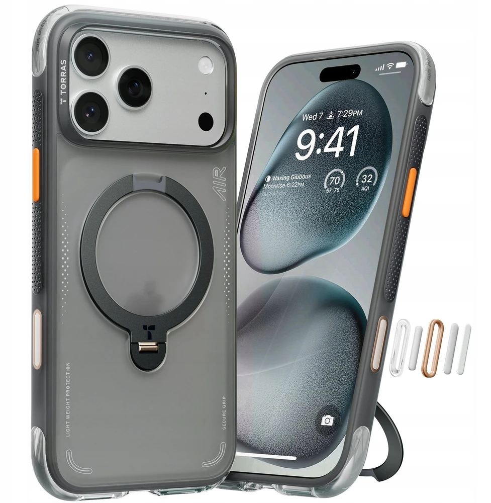 Dėklas TORRAS Ostand Spin Air - etui do iPhone 17 Pro Max kompatybilne su MagSafe (shadow juodas)