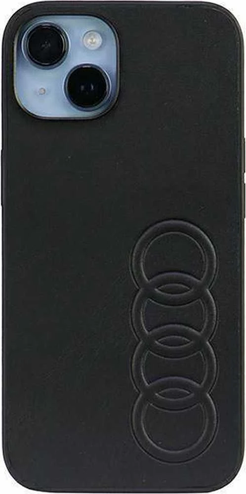 Audi Synthetic Leather Apple iPhone 14 / 15 / 13 6.1″ juodos spalvos kietas dėklas AU-TPUPCIP14-TT/D1-BK