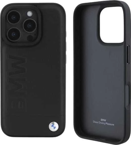 BMW BMHCP16LSLLBK Apple iPhone 16 Pro 6.3″ juodos spalvos kietas dėklas Leather Hot Stamp