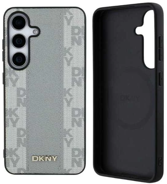 Dėklas DKNY odinis languotas MagSafe Samsung Galaxy S25 pilkšvas