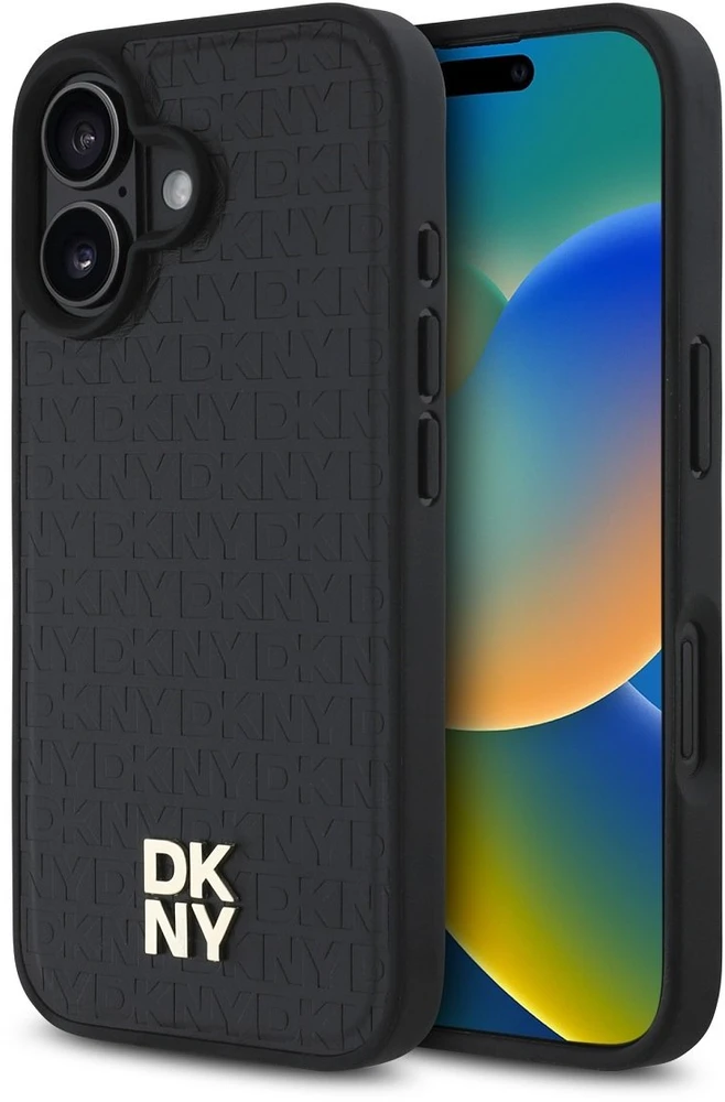 DKNY PU odos dėklas telefonui su pasikartojančiu logotipo raštu ir MagSafe funkcija, skirtas iPhone 16 Plus, juodos spalvos