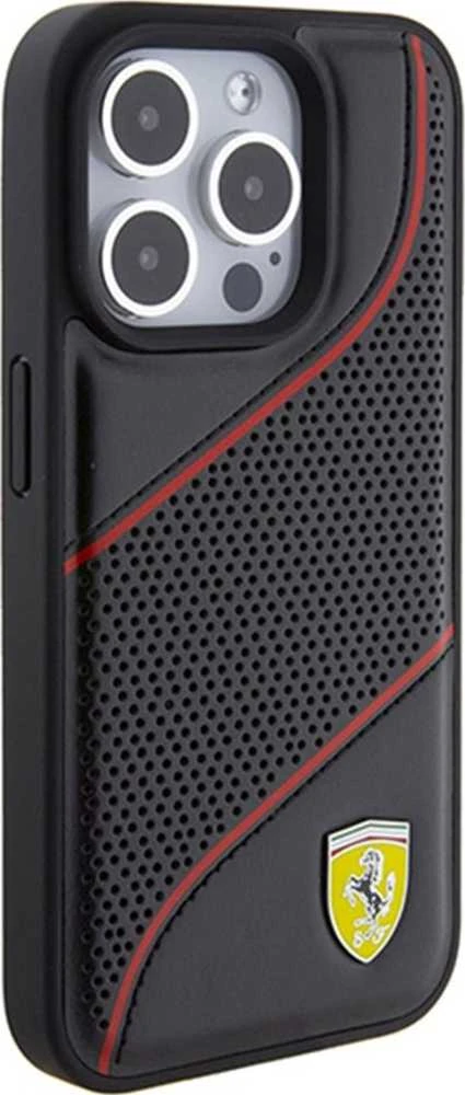 Ferrari FEHCP15LPWAK Apple iPhone 15 Pro 6.1″ juodos spalvos kietas dėklas Perforated Waves Metal Logo