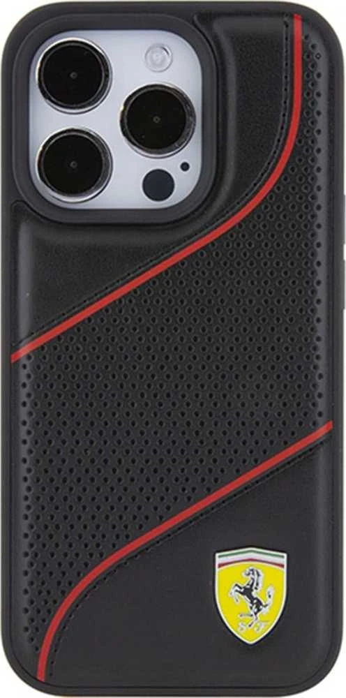 Ferrari FEHCP15LPWAK Apple iPhone 15 Pro 6.1″ juodos spalvos kietas dėklas Perforated Waves Metal Logo