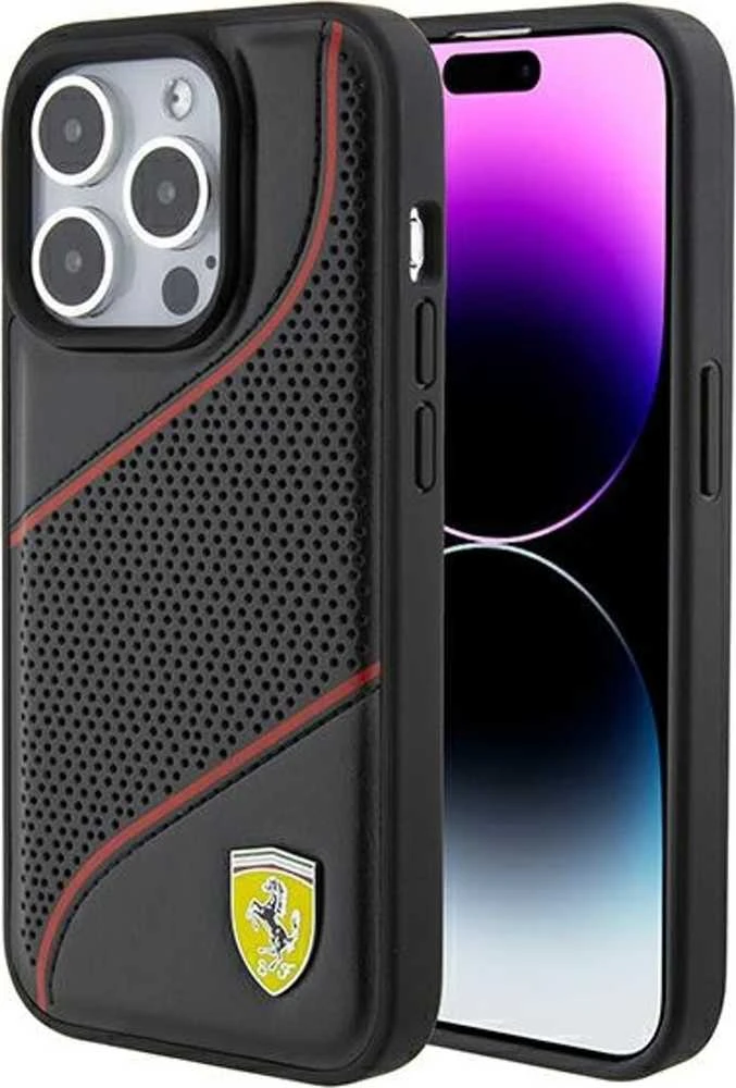 Ferrari FEHCP15LPWAK Apple iPhone 15 Pro 6.1″ juodos spalvos kietas dėklas Perforated Waves Metal Logo