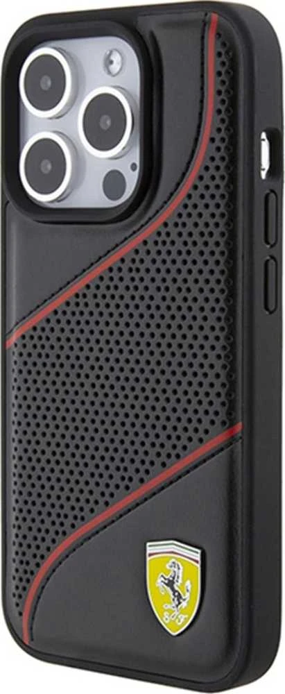 Ferrari FEHCP15LPWAK Apple iPhone 15 Pro 6.1″ juodos spalvos kietas dėklas Perforated Waves Metal Logo