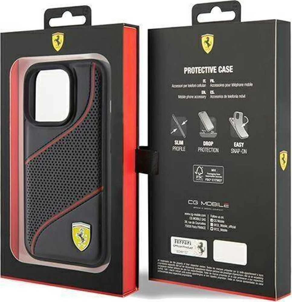 Ferrari FEHCP15LPWAK Apple iPhone 15 Pro 6.1″ juodos spalvos kietas dėklas Perforated Waves Metal Logo