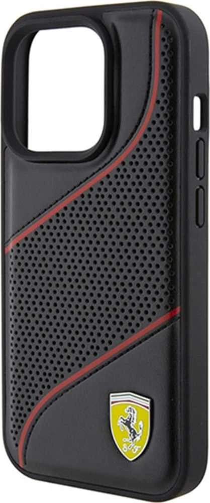 Ferrari FEHCP15LPWAK Apple iPhone 15 Pro 6.1″ juodos spalvos kietas dėklas Perforated Waves Metal Logo
