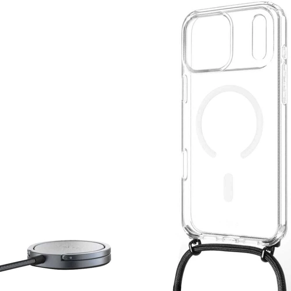 Dėklas Fixed Fiksuotas „MagPure Neck“, skirtas „MagSafe“, skirtas „iPhone 17 Pro Max“, skaidrus su juodu dirželiu