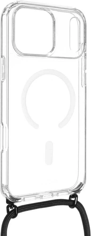 Dėklas Fixed Fiksuotas „MagPure Neck“, skirtas „MagSafe“, skirtas „iPhone 17 Pro Max“, skaidrus su juodu dirželiu