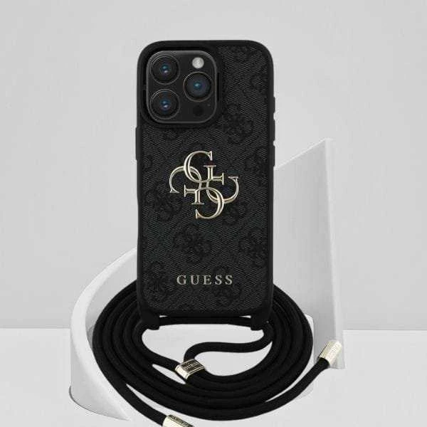 Dėklas Guess 4G Big Logo Cord Stap Crossbody Apple iPhone 16 Pro juodos spalvos
