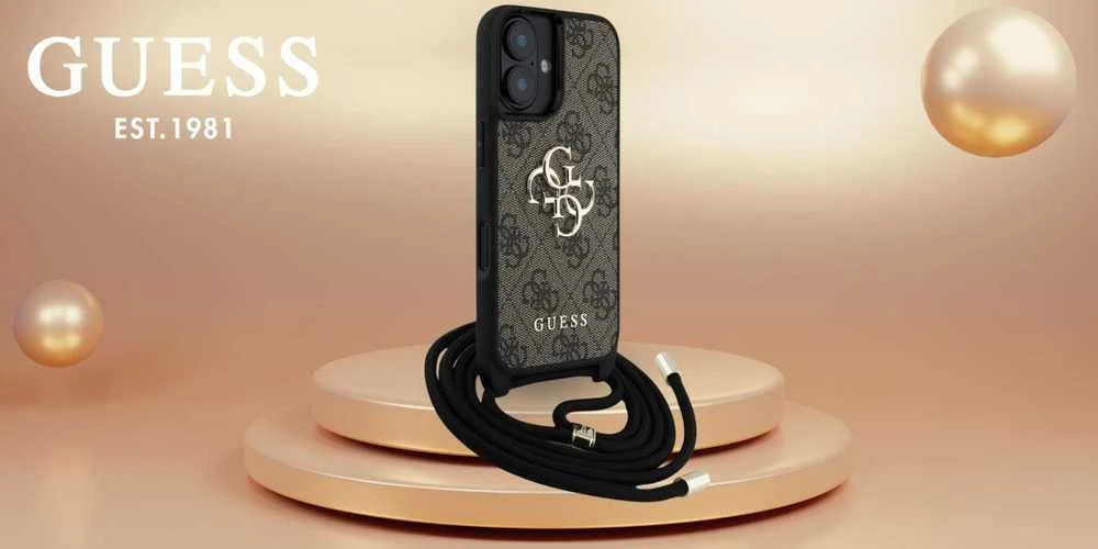 GUESS dėklas skirtas Apple iPhone 16 GUHCP16SP4GMGCRW (CBDY PU 4G Big Logo W/Cord Strap) rudos spalvos