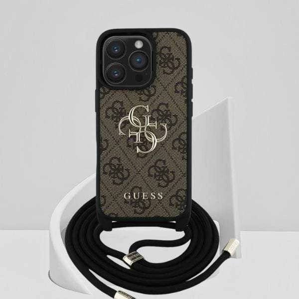Dėklas Guess 4G Big Logo Cord Stap Crossbody Apple iPhone 16 Pro Max rudos spalvos