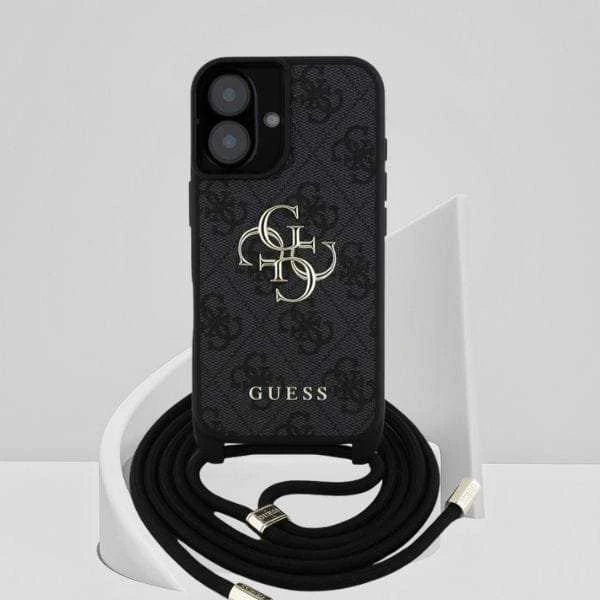 Dėklas Guess 4G Big Logo Cord Stap Crossbody Apple iPhone 16 Plus juodos spalvos