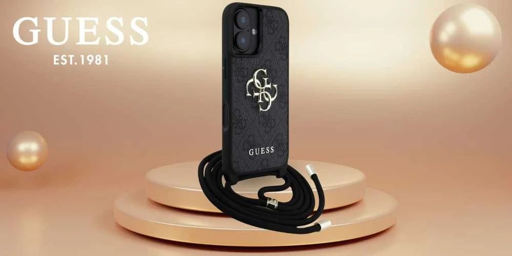 Dėklas Guess 4G Big Logo Cord Stap Crossbody Apple iPhone 16 Plus juodos spalvos