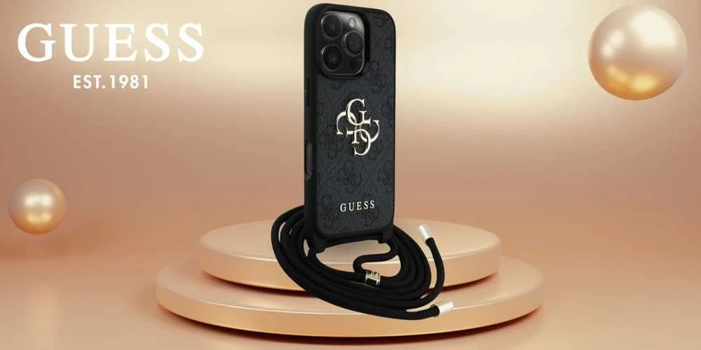 Dėklas Guess 4G Big Logo Cord Stap Crossbody Apple iPhone 16 Pro juodos spalvos