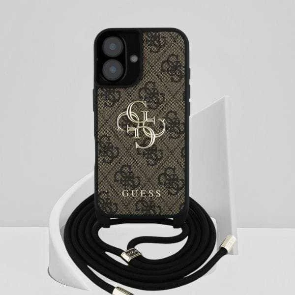GUESS dėklas skirtas Apple iPhone 16 GUHCP16SP4GMGCRW (CBDY PU 4G Big Logo W/Cord Strap) rudos spalvos