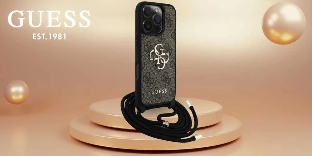 Dėklas Guess 4G Big Logo Cord Stap Crossbody Apple iPhone 16 Pro Max rudos spalvos