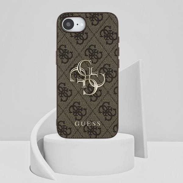 Guess PU 4G Metal Logo Apple iPhone 16e dėklas telefonui rudos spalvos